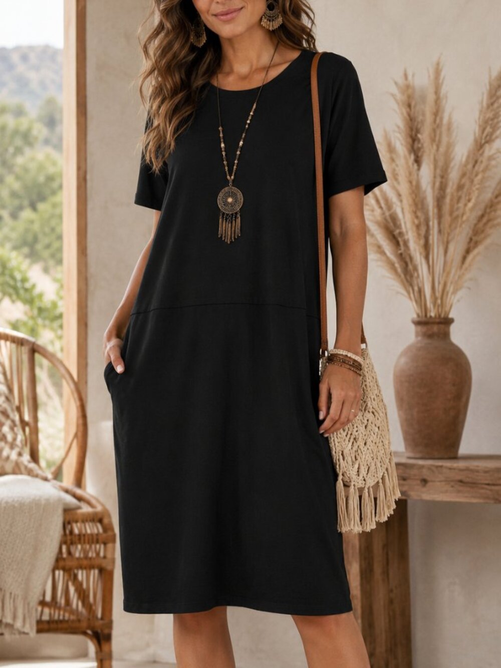 EILEEN FISHER Black Stretch Short Sleeve Oversize Boho T-Shirt Dress - Peru